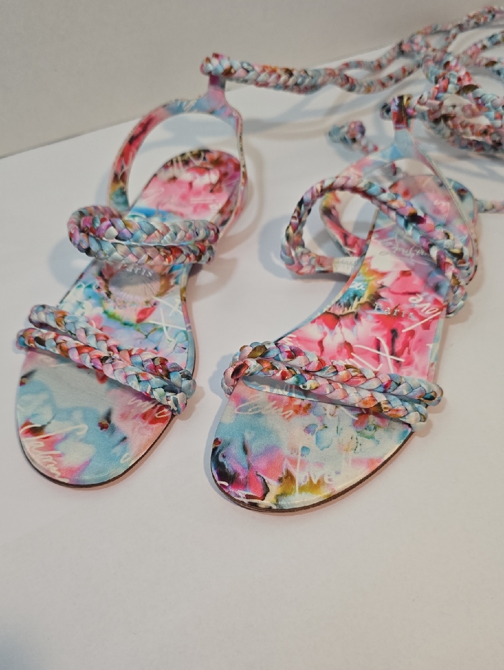 CHRISTIAN LOUBOUTIN MARYAM Multicolor Satin Braided Lace Up Sandals - Picture 2 of 16